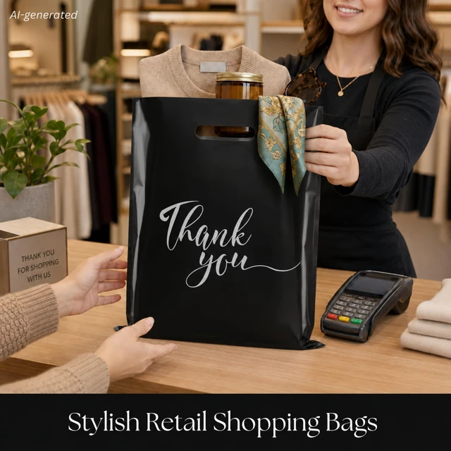 Alt view image 5 of 7 - Thank You Plastic Bags with Handles, Black 100pk 12x15 in | Thick 2.36 Mil Bulk Reusable Shopping Bags for Small Business, Retail Merchandise, Boutique Gifts, Clothes, Party Goodie Bags