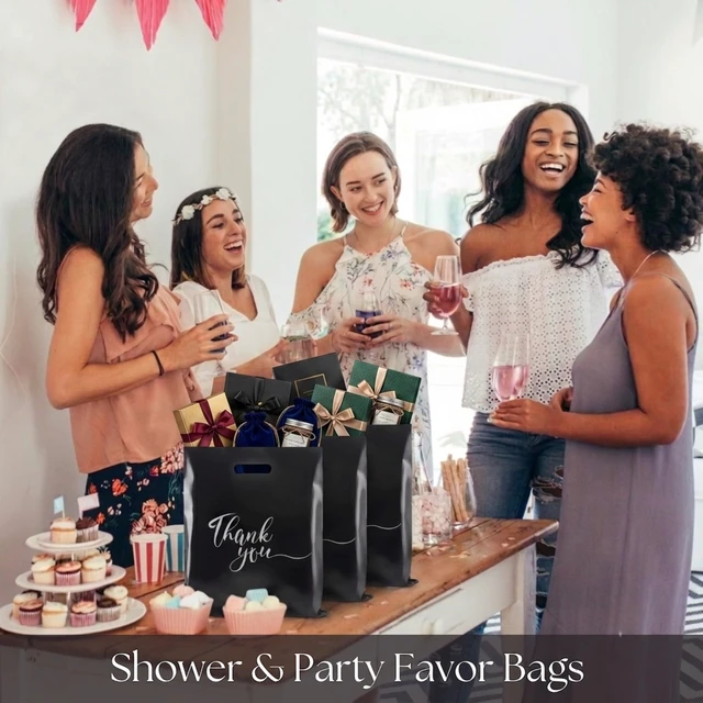 Alt view image 6 of 7 - Thank You Plastic Bags with Handles, Black 100pk 12x15 in | Thick 2.36 Mil Bulk Reusable Shopping Bags for Small Business, Retail Merchandise, Boutique Gifts, Clothes, Party Goodie Bags
