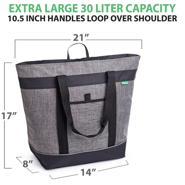 Alt view image 2 of 6 - Bag, Heavy Duty Soft Insulated Grocery Bag, Charcoal | Thermal insulation keeps food warm or cold, convertible handles to carry sideways for pizza, delivery bag, beach, travel.