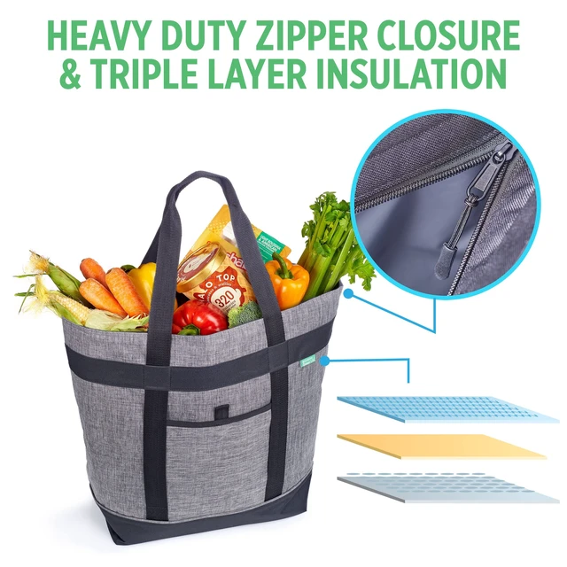 Alt view image 4 of 6 - Bag, Heavy Duty Soft Insulated Grocery Bag, Charcoal | Thermal insulation keeps food warm or cold, convertible handles to carry sideways for pizza, delivery bag, beach, travel.