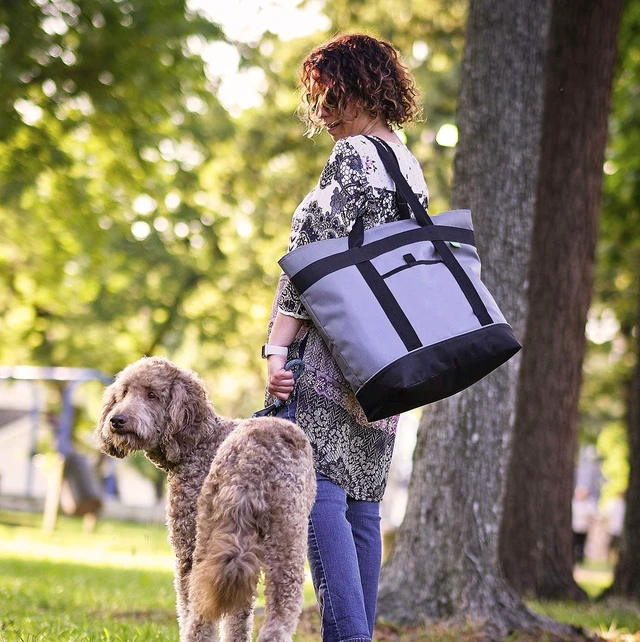 Alt view image 6 of 6 - Bag, Heavy Duty Soft Insulated Grocery Bag, Charcoal | Thermal insulation keeps food warm or cold, convertible handles to carry sideways for pizza, delivery bag, beach, travel.