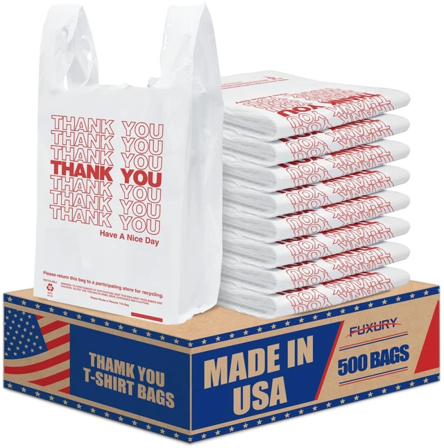 Main image of 500 Count Thank You Plastic Grocery Shopping T-shirt Bags | White 11.5" x 6.5" x 21" Take Out, To Go, Restaurants, Convenience Store,Retail Bags with Handles in Bulk for Small Business