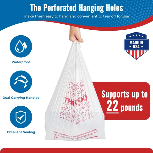 Alt view image 3 of 7 - 500 Count Thank You Plastic Grocery Shopping T-shirt Bags | White 11.5" x 6.5" x 21" Take Out, To Go, Restaurants, Convenience Store,Retail Bags with Handles in Bulk for Small Business