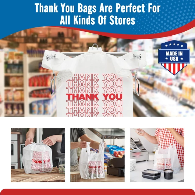 Alt view image 5 of 7 - 500 Count Thank You Plastic Grocery Shopping T-shirt Bags | White 11.5" x 6.5" x 21" Take Out, To Go, Restaurants, Convenience Store,Retail Bags with Handles in Bulk for Small Business