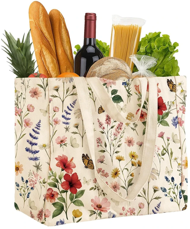 Main image of Cute Extra Large Canvas Grocery Tote Bag, Vintage Flower | 6 Inner Pockets & 2 Handle Strap, Reusable Shoulder Bags, Aesthetic Designer Heavy Duty Shopping Totes for Groceries