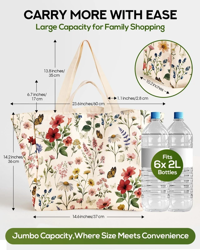 Alt view image 3 of 6 - Cute Extra Large Canvas Grocery Tote Bag, Vintage Flower | 6 Inner Pockets & 2 Handle Strap, Reusable Shoulder Bags, Aesthetic Designer Heavy Duty Shopping Totes for Groceries