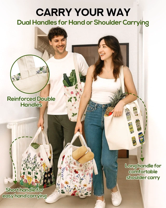 Alt view image 6 of 6 - Cute Extra Large Canvas Grocery Tote Bag, Vintage Flower | 6 Inner Pockets & 2 Handle Strap, Reusable Shoulder Bags, Aesthetic Designer Heavy Duty Shopping Totes for Groceries