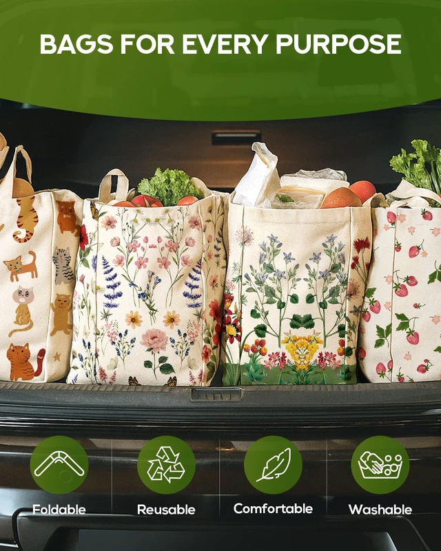 Alt view image 5 of 6 - Cute Extra Large Canvas Grocery Tote Bag, Vintage Flower | 6 Inner Pockets & 2 Handle Strap, Reusable Shoulder Bags, Aesthetic Designer Heavy Duty Shopping Totes for Groceries
