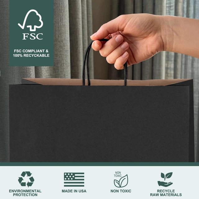 Alt view image 5 of 7 - Large Black Paper Bags With Handles 16x6x12 Inch 100 Pack, | Heavy Duty Shopping Bag Craft Bulk, Kraft Gift Bags Recycled for Merchandise,Takeout, Retail, Party Favors&Grocery
