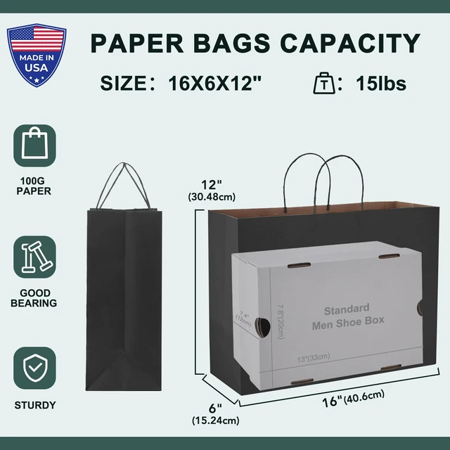 Alt view image 2 of 7 - Large Black Paper Bags With Handles 16x6x12 Inch 100 Pack, | Heavy Duty Shopping Bag Craft Bulk, Kraft Gift Bags Recycled for Merchandise,Takeout, Retail, Party Favors&Grocery