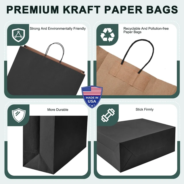 Alt view image 4 of 7 - Large Black Paper Bags With Handles 16x6x12 Inch 100 Pack, | Heavy Duty Shopping Bag Craft Bulk, Kraft Gift Bags Recycled for Merchandise,Takeout, Retail, Party Favors&Grocery