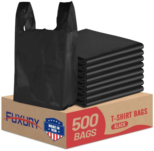 Main image of 500 Count Plastic Grocery Shopping T-shirt Bags Black with Handles | 11.5" x 6.5" x 21" Trash, Take Out, To Go, Restaurants, Retail Bags in Bulk for Small Business (Made in USA)