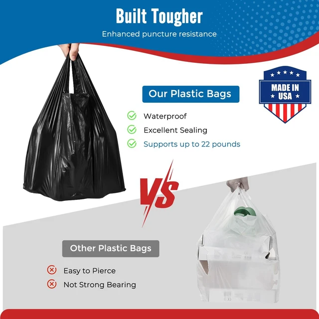 Alt view image 3 of 7 - 500 Count Plastic Grocery Shopping T-shirt Bags Black with Handles | 11.5" x 6.5" x 21" Trash, Take Out, To Go, Restaurants, Retail Bags in Bulk for Small Business (Made in USA)