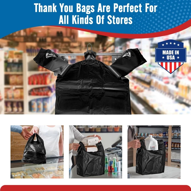 Alt view image 4 of 7 - 500 Count Plastic Grocery Shopping T-shirt Bags Black with Handles | 11.5" x 6.5" x 21" Trash, Take Out, To Go, Restaurants, Retail Bags in Bulk for Small Business (Made in USA)