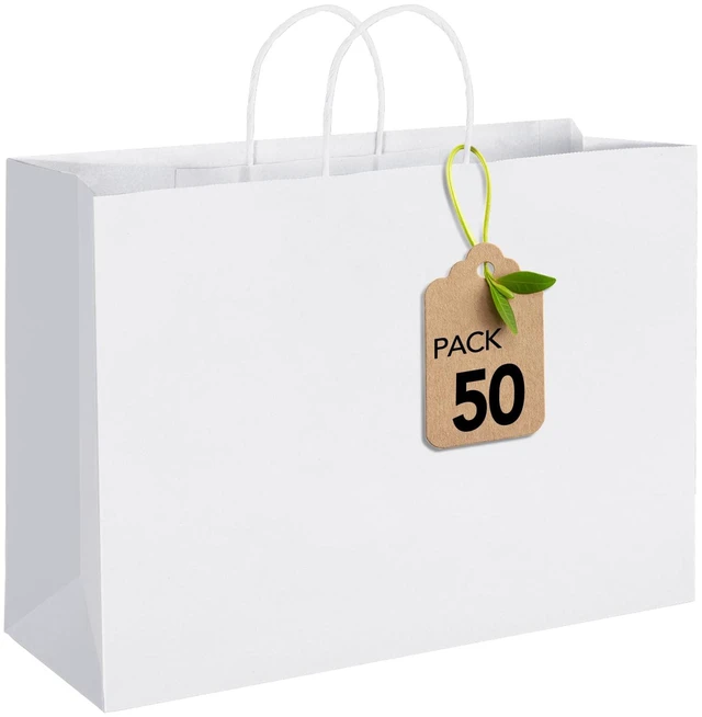 Main image of 50 Pack Large White Paper Bags with Handles, 16x6x12 Inch Kraft Gift Sacks Bulk for Small Business, Retail, Shopping, Grocery, Food Service Take Out, Party Favors