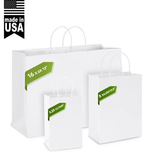 Alt view image 2 of 7 - 50 Pack Large White Paper Bags with Handles, 16x6x12 Inch Kraft Gift Sacks Bulk for Small Business, Retail, Shopping, Grocery, Food Service Take Out, Party Favors