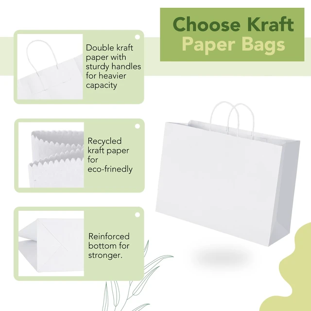 Alt view image 4 of 7 - 50 Pack Large White Paper Bags with Handles, 16x6x12 Inch Kraft Gift Sacks Bulk for Small Business, Retail, Shopping, Grocery, Food Service Take Out, Party Favors