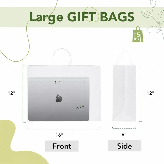 Alt view image 3 of 7 - 50 Pack Large White Paper Bags with Handles, 16x6x12 Inch Kraft Gift Sacks Bulk for Small Business, Retail, Shopping, Grocery, Food Service Take Out, Party Favors