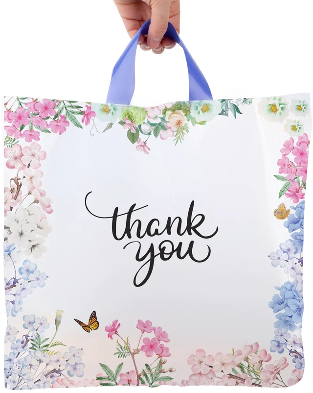 Main image of Thank You Bags With Soft Loop Handle for Business Retail, Boutique Bulk 50 Pack 18" W x 18" H Floral Plastic Shopping Bags/Gift Bags Perfect For Mothers Day