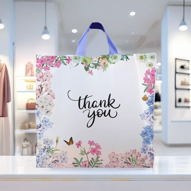 Alt view image 3 of 5 - Thank You Bags With Soft Loop Handle for Business Retail, Boutique Bulk 50 Pack 18" W x 18" H Floral Plastic Shopping Bags/Gift Bags Perfect For Mothers Day