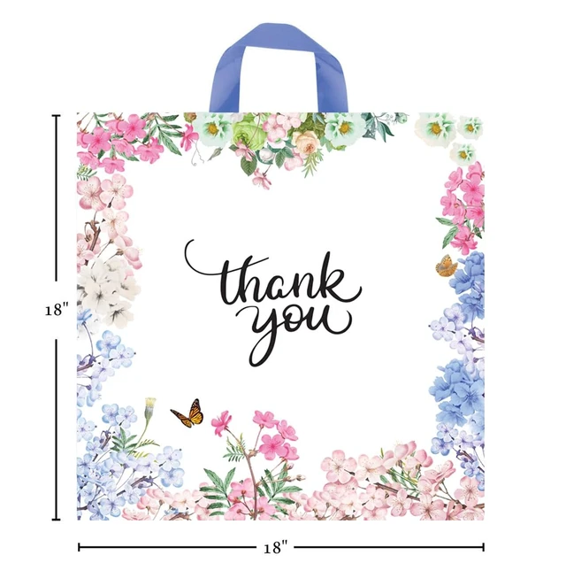 Alt view image 4 of 5 - Thank You Bags With Soft Loop Handle for Business Retail, Boutique Bulk 50 Pack 18" W x 18" H Floral Plastic Shopping Bags/Gift Bags Perfect For Mothers Day