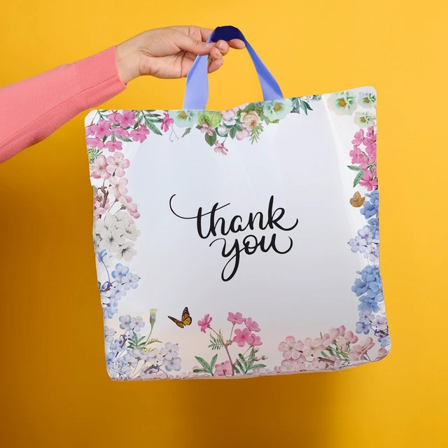 Alt view image 2 of 5 - Thank You Bags With Soft Loop Handle for Business Retail, Boutique Bulk 50 Pack 18" W x 18" H Floral Plastic Shopping Bags/Gift Bags Perfect For Mothers Day