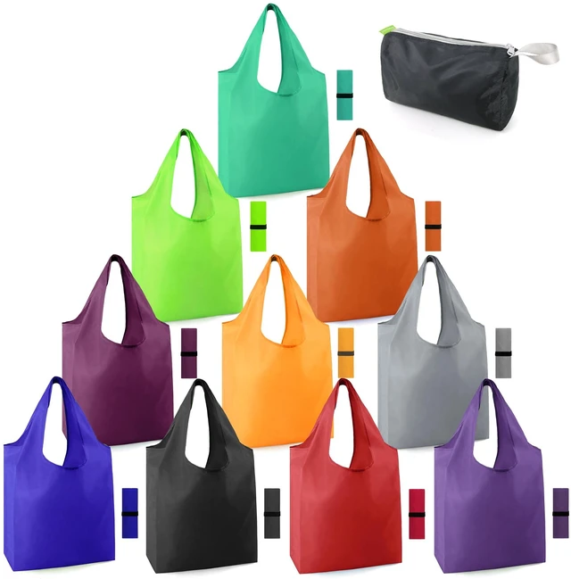 Main image of Reusable-Grocery-Bags-Foldable-Machine-Washable-Reusable-Shopping-Bags-Bulk Colorful 10 Pack 50LBS Extra Large Folding Reusable Bags Totes w Zipper Storage Pouch Lightweight Polyester Fabric