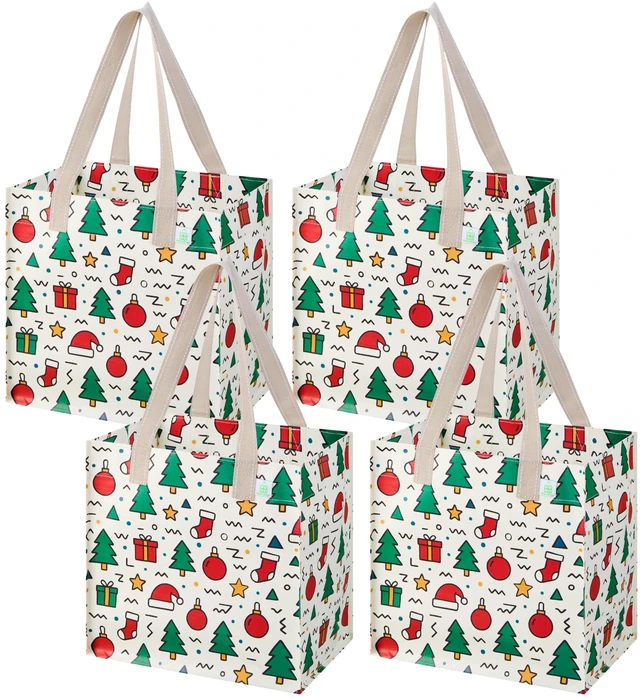 Main image of 4 Pack Large Grocery Bag Reusable Shopping Bags with Hard Bottom | Utility Tote with Reinforced Handles, Heavy Duty, Foldable, Stand Upright, for Groceries Shopping Cart(Jingle Mix, 4 Pack)