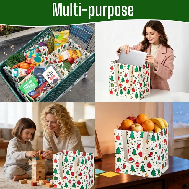 Alt view image 2 of 7 - 4 Pack Large Grocery Bag Reusable Shopping Bags with Hard Bottom | Utility Tote with Reinforced Handles, Heavy Duty, Foldable, Stand Upright, for Groceries Shopping Cart(Jingle Mix, 4 Pack)