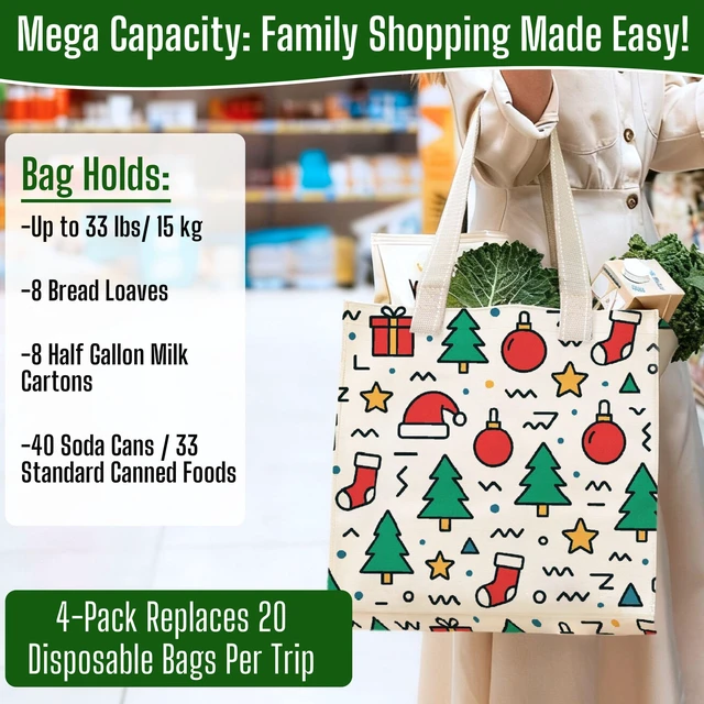 Alt view image 5 of 7 - 4 Pack Large Grocery Bag Reusable Shopping Bags with Hard Bottom | Utility Tote with Reinforced Handles, Heavy Duty, Foldable, Stand Upright, for Groceries Shopping Cart(Jingle Mix, 4 Pack)