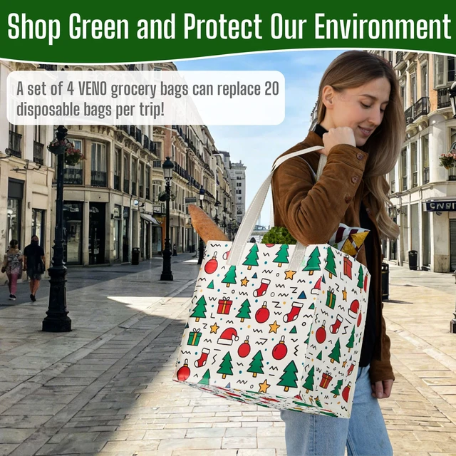 Alt view image 7 of 7 - 4 Pack Large Grocery Bag Reusable Shopping Bags with Hard Bottom | Utility Tote with Reinforced Handles, Heavy Duty, Foldable, Stand Upright, for Groceries Shopping Cart(Jingle Mix, 4 Pack)