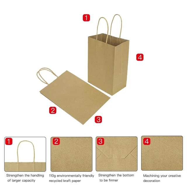 Alt view image 5 of 6 - 100 Pack 5.25x3.25x8 Inch Brown Small Paper Bags with Handles Bulk, Gift Paper Bags, Kraft Birthday Party Favors Grocery Retail Shopping Takeouts Business Craft sacks (Plain Natural 100pcs)