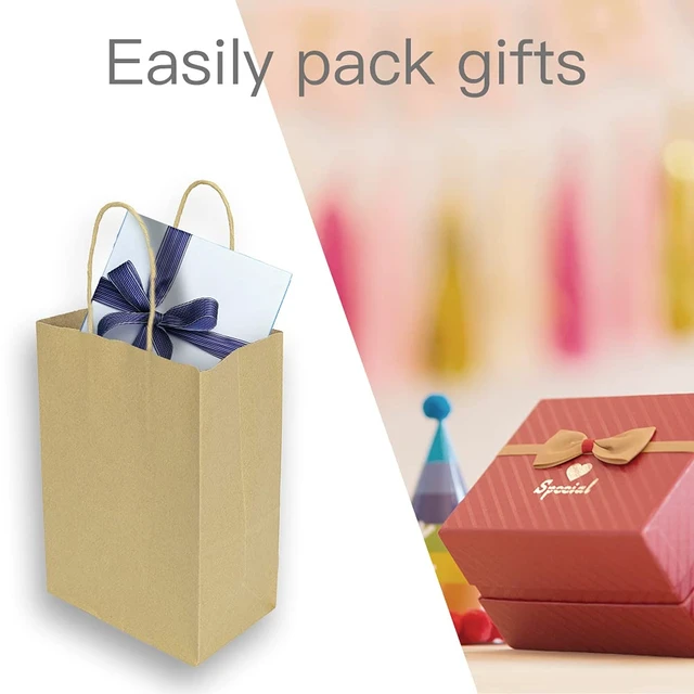 Alt view image 6 of 6 - 100 Pack 5.25x3.25x8 Inch Brown Small Paper Bags with Handles Bulk, Gift Paper Bags, Kraft Birthday Party Favors Grocery Retail Shopping Takeouts Business Craft sacks (Plain Natural 100pcs)