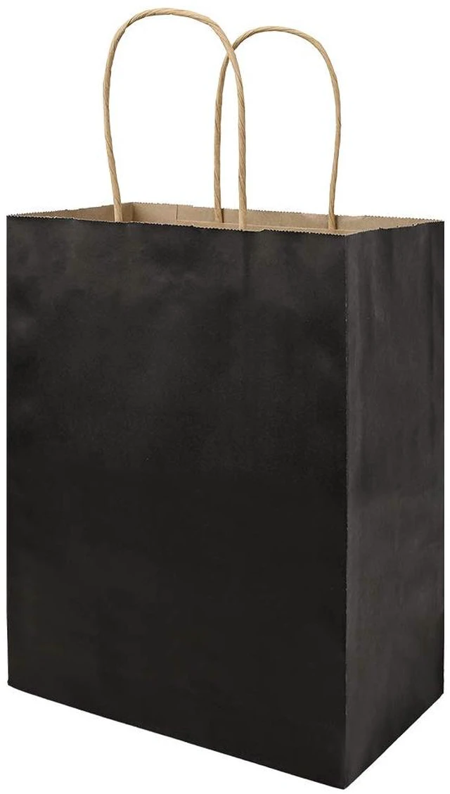 Main image of 100 Pack Medium 8x4.75x10 Inch Black Kraft Paper Bags with Handles Bulk, Gift Bags, Craft Grocery Shopping Retail Party Favors Wedding Business Sacks (Black, 100pcs)