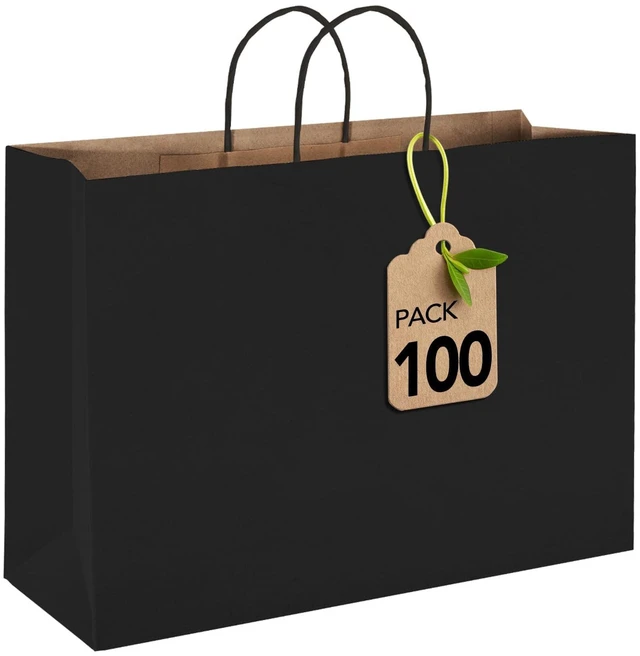 Main image of Large Black Kraft Paper Gift Bags With Handles,16x6x12 Inch 100pcs | Bulk Recycled Shopping Bags Reusable for Business Merchandise Retail, Party Favors & Grocery Packaging