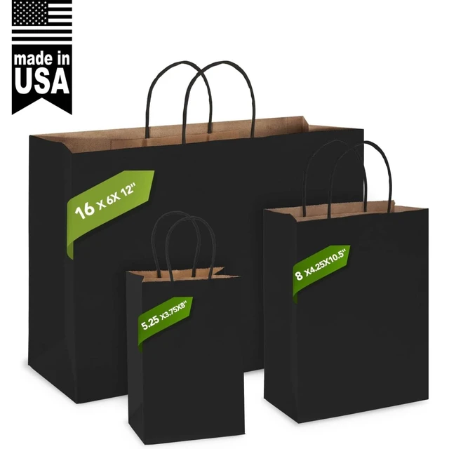 Alt view image 2 of 7 - Large Black Kraft Paper Gift Bags With Handles,16x6x12 Inch 100pcs | Bulk Recycled Shopping Bags Reusable for Business Merchandise Retail, Party Favors & Grocery Packaging