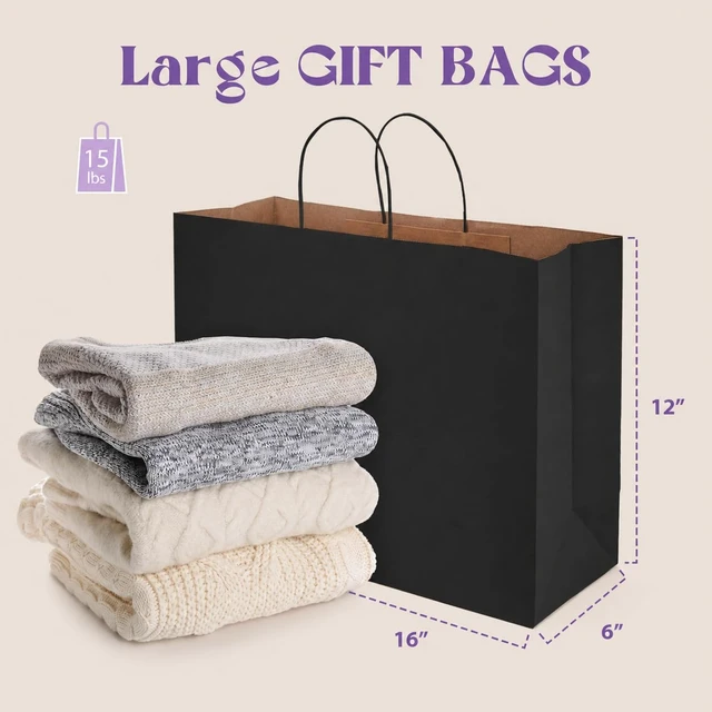 Alt view image 3 of 7 - Large Black Kraft Paper Gift Bags With Handles,16x6x12 Inch 100pcs | Bulk Recycled Shopping Bags Reusable for Business Merchandise Retail, Party Favors & Grocery Packaging