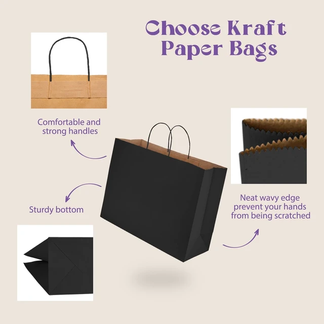Alt view image 4 of 7 - Large Black Kraft Paper Gift Bags With Handles,16x6x12 Inch 100pcs | Bulk Recycled Shopping Bags Reusable for Business Merchandise Retail, Party Favors & Grocery Packaging