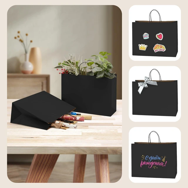 Alt view image 5 of 7 - Large Black Kraft Paper Gift Bags With Handles,16x6x12 Inch 100pcs | Bulk Recycled Shopping Bags Reusable for Business Merchandise Retail, Party Favors & Grocery Packaging
