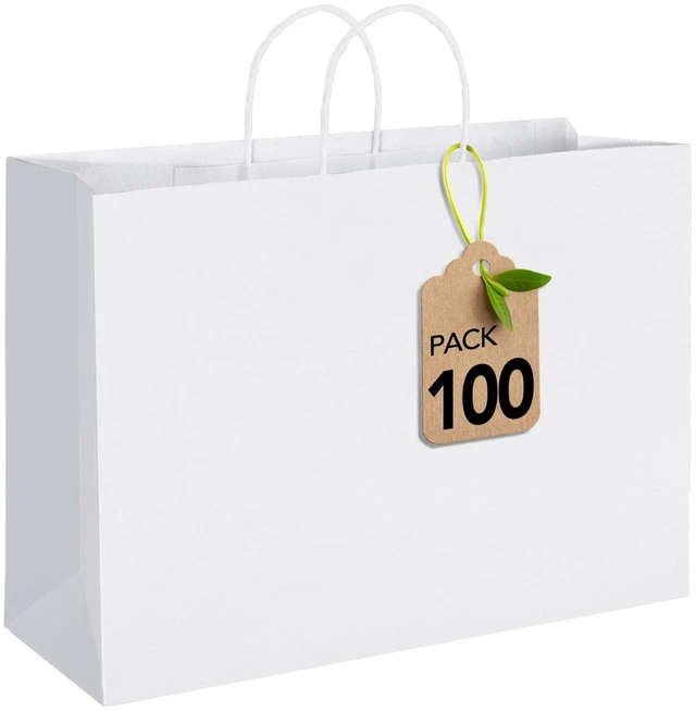 Main image of Gift Paper Bags White Large 16x6x12 100 Pack,Kraft Bags with Handles | Heavy Duty Recycled Shopping bags for Birthday Party Favor Grocery Retail Merchandise Wedding Sacks