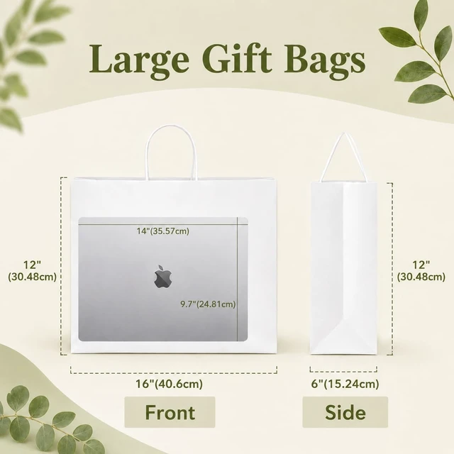 Alt view image 2 of 7 - Gift Paper Bags White Large 16x6x12 100 Pack,Kraft Bags with Handles | Heavy Duty Recycled Shopping bags for Birthday Party Favor Grocery Retail Merchandise Wedding Sacks