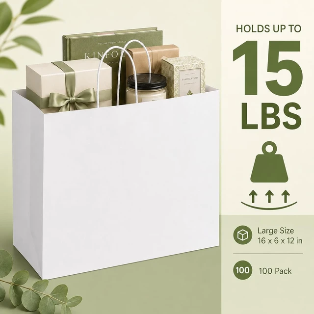 Alt view image 3 of 7 - Gift Paper Bags White Large 16x6x12 100 Pack,Kraft Bags with Handles | Heavy Duty Recycled Shopping bags for Birthday Party Favor Grocery Retail Merchandise Wedding Sacks