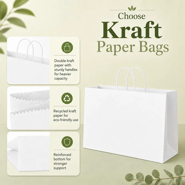 Alt view image 4 of 7 - Gift Paper Bags White Large 16x6x12 100 Pack,Kraft Bags with Handles | Heavy Duty Recycled Shopping bags for Birthday Party Favor Grocery Retail Merchandise Wedding Sacks