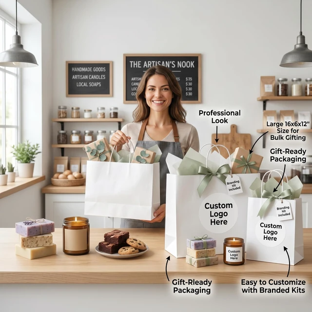 Alt view image 7 of 7 - Gift Paper Bags White Large 16x6x12 100 Pack,Kraft Bags with Handles | Heavy Duty Recycled Shopping bags for Birthday Party Favor Grocery Retail Merchandise Wedding Sacks