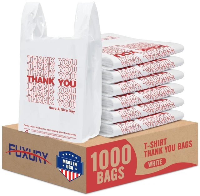 Main image of Plastic Bags Thank You Shopping Grocery T-Shirt Bag with Handles | 1000 Count - 11.5 x 6.5 x 21" Take Out, To Go, Retail, Restaurants, Store Bags for Small Business in Bulk White (Made in USA)