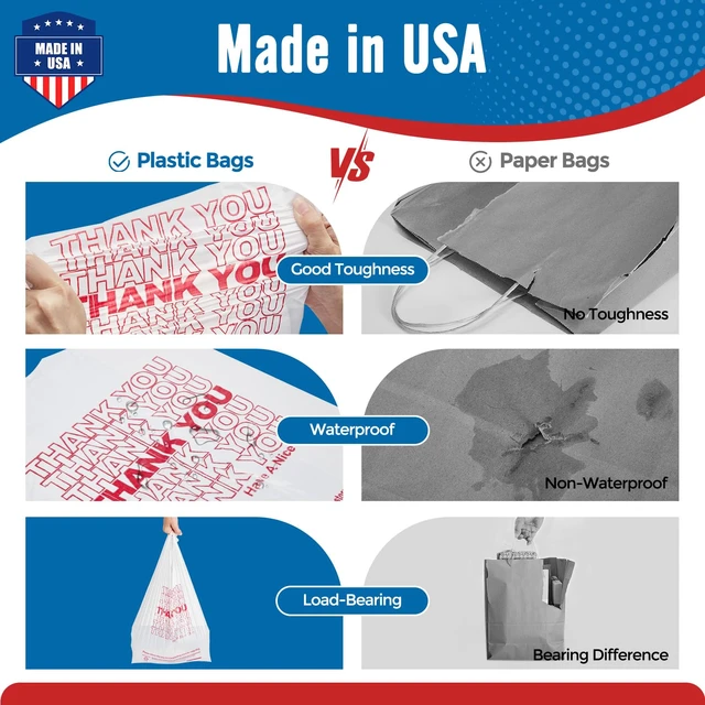 Alt view image 6 of 7 - Plastic Bags Thank You Shopping Grocery T-Shirt Bag with Handles | 1000 Count - 11.5 x 6.5 x 21" Take Out, To Go, Retail, Restaurants, Store Bags for Small Business in Bulk White (Made in USA)
