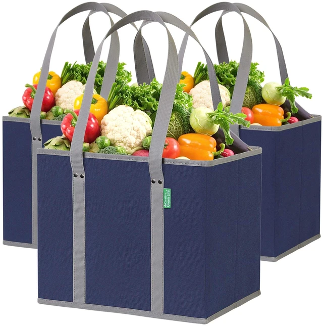 Main image of (3 Pack) Heavy Duty Shopping Bags, Blue | Large box shaped totes stand up and stay open while loading, foldable for storage, long handles, hard flat bottom