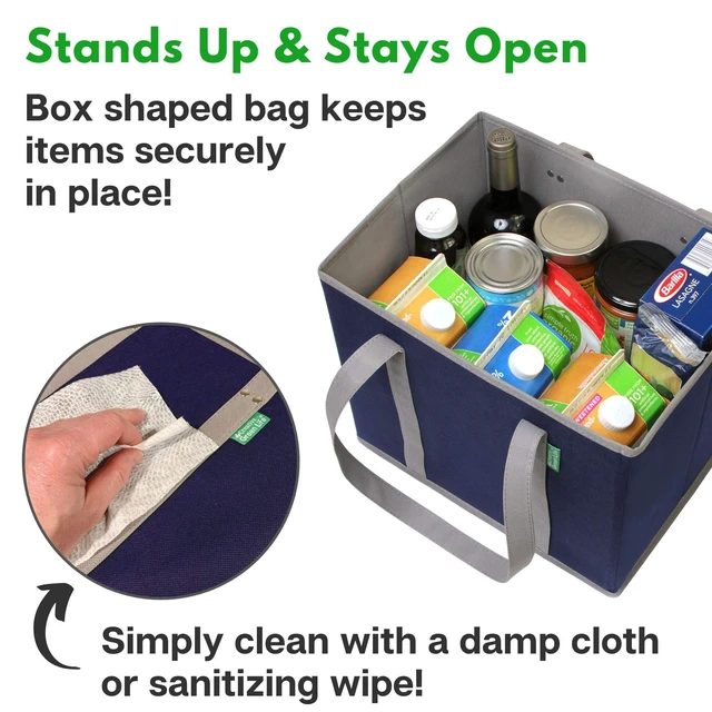 Alt view image 3 of 7 - (3 Pack) Heavy Duty Shopping Bags, Blue | Large box shaped totes stand up and stay open while loading, foldable for storage, long handles, hard flat bottom