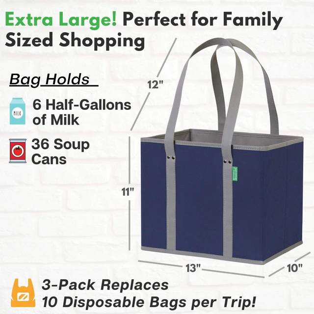 Alt view image 4 of 7 - (3 Pack) Heavy Duty Shopping Bags, Blue | Large box shaped totes stand up and stay open while loading, foldable for storage, long handles, hard flat bottom