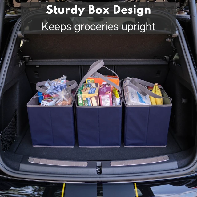 Alt view image 6 of 7 - (3 Pack) Heavy Duty Shopping Bags, Blue | Large box shaped totes stand up and stay open while loading, foldable for storage, long handles, hard flat bottom